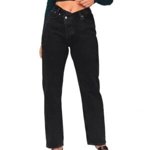 NWT Abercrombie & Fitch the dad high rise black jeans with cross over fly